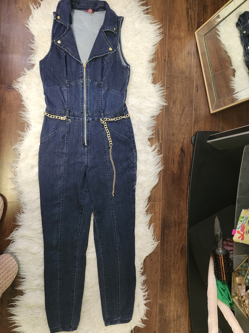 Sleeveless Dark Blue Denim Jumpsuit with Chain Belt